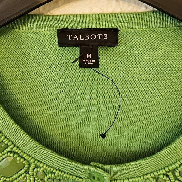 Talbots Medium Cotton Blend Apple Green Beaded Knit Cardigan - Picture 4 of 9